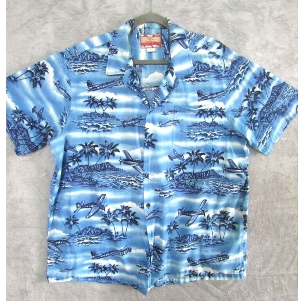 RJC Made in Hawaii XXL Blue Airplane Scenic Hawaiian Aloha Shirt Cotton Tropical